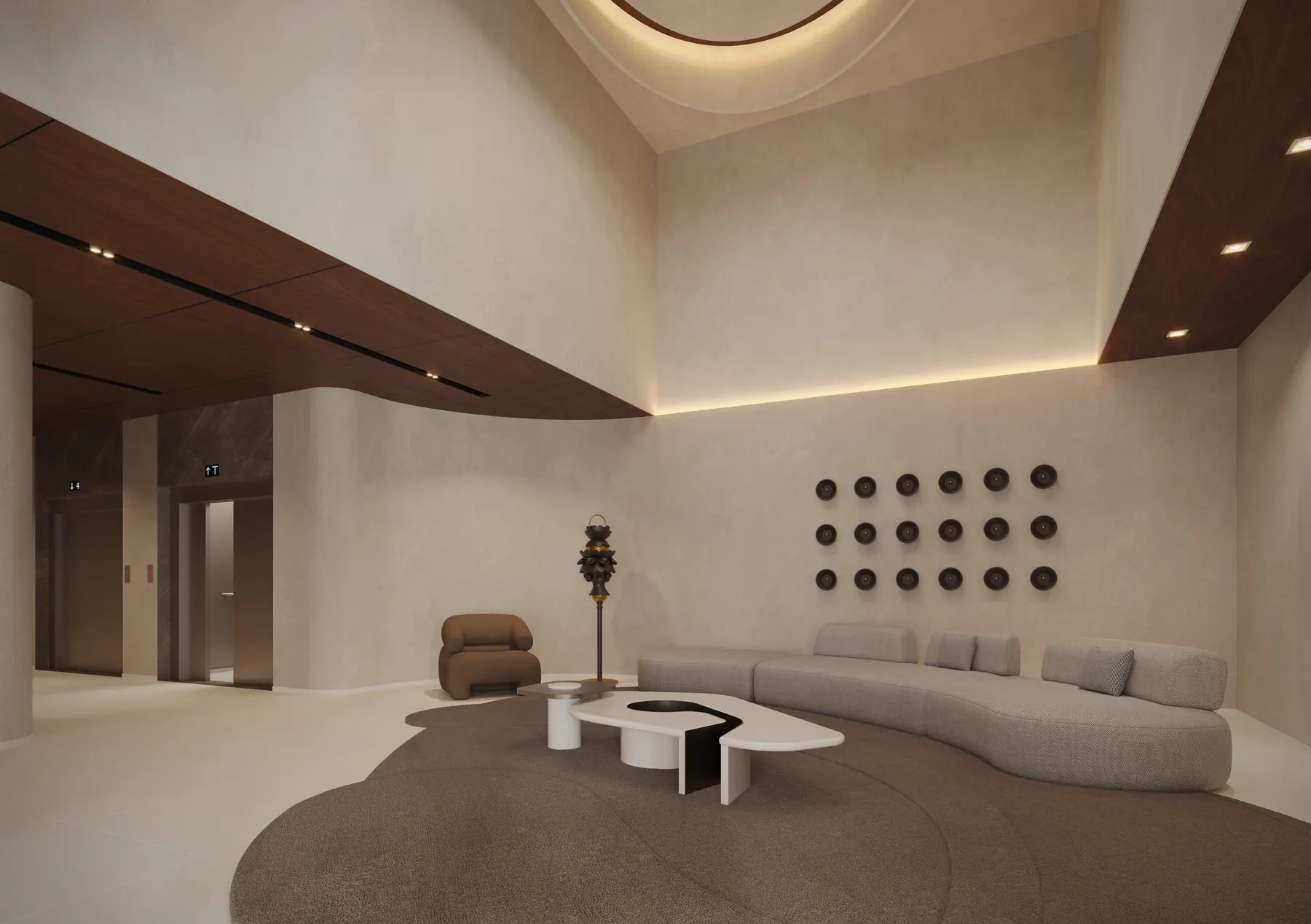 Lobby residencial da Torre Madrid, com peças exclusivas do Estúdio Marcus Camargo (imagem ilustrativa)