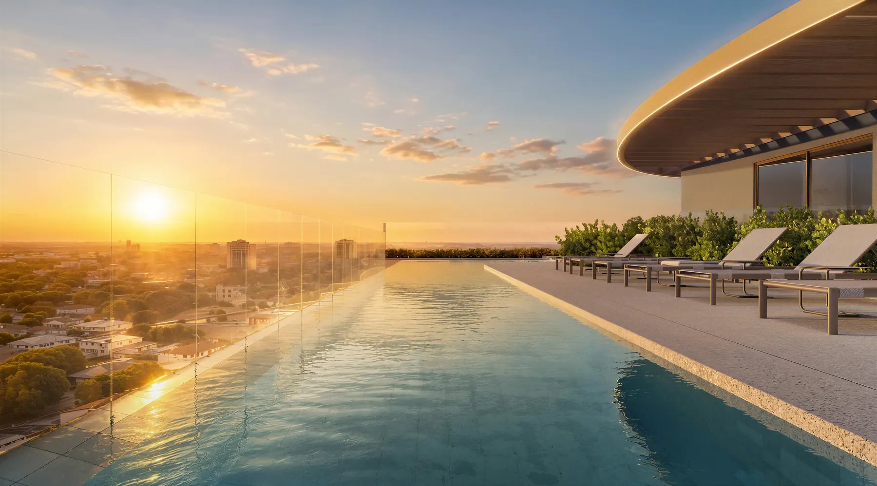Piscina de borda infinita no rooftop da Torre Madrid, com raia de 20 metros e vista panorâmica de Goiânia (imagem ilustrativa)