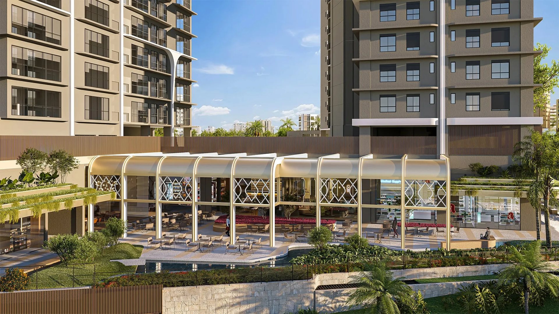 Mall aberto do Metropolitan Marista em outro ângulo, com praça e paisagismo (imagem ilustrativa)