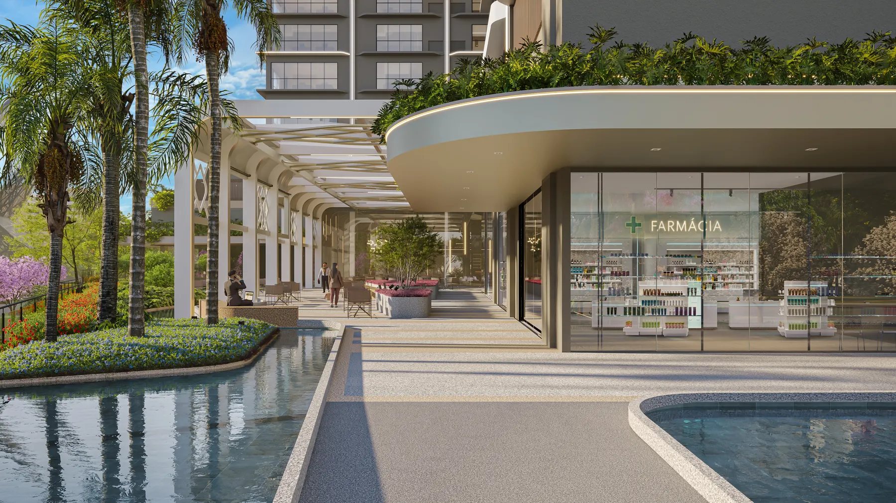 Mall aberto do Metropolitan Marista integrado à praça, com espelho d'água e paisagismo (imagem ilustrativa)