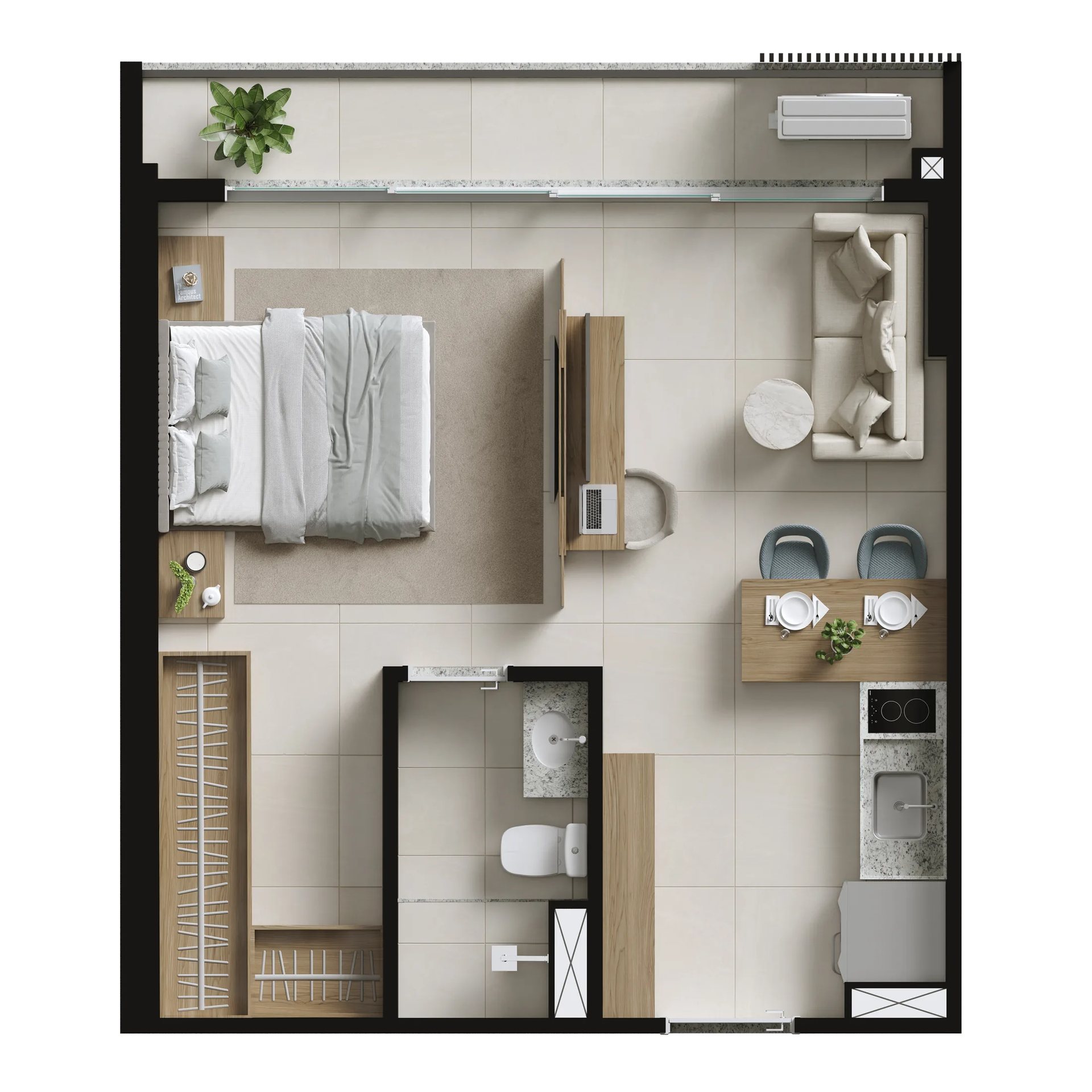 Planta do apartamento de 1 quarto com 35 m² da Torre Madrid, Metropolitan Marista