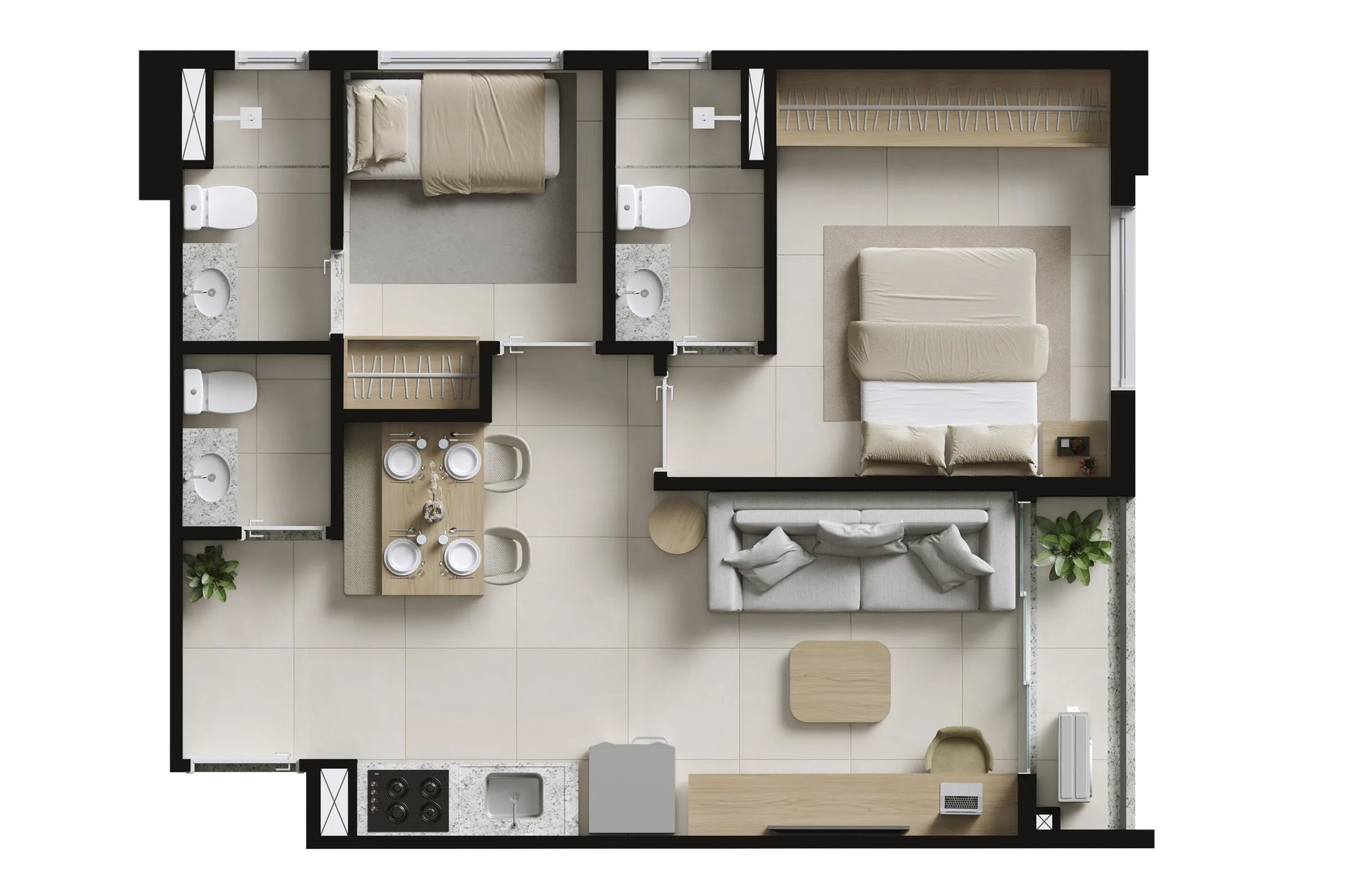 Planta do apartamento de 2 suítes com 47 m² da Torre Madrid, Metropolitan Marista