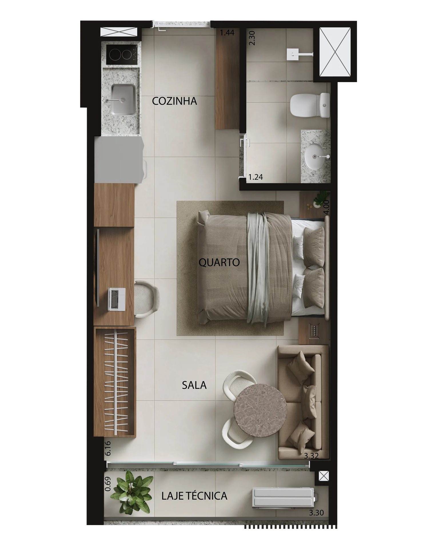 Planta do Studio de 26 m² da Torre Madrid, Metropolitan Marista